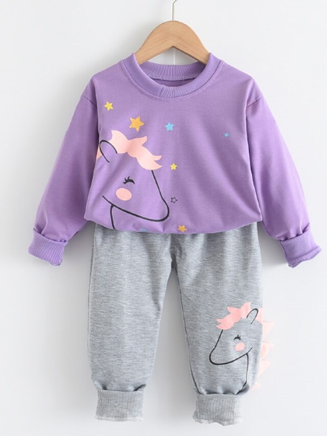 Baby & Kids Girls Clothing | Kids Girls Clothing Set 2 Pieces Long Sleeve Purple Pink Horse Animal Print Cotton Indoor Outdoor B