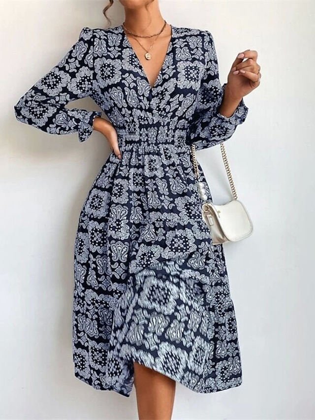 Womens Clothing Womens Dresses | Womens A Line Dress Midi Dress Blue White Black Long Sleeve Floral Geometric Print Fall Winter 