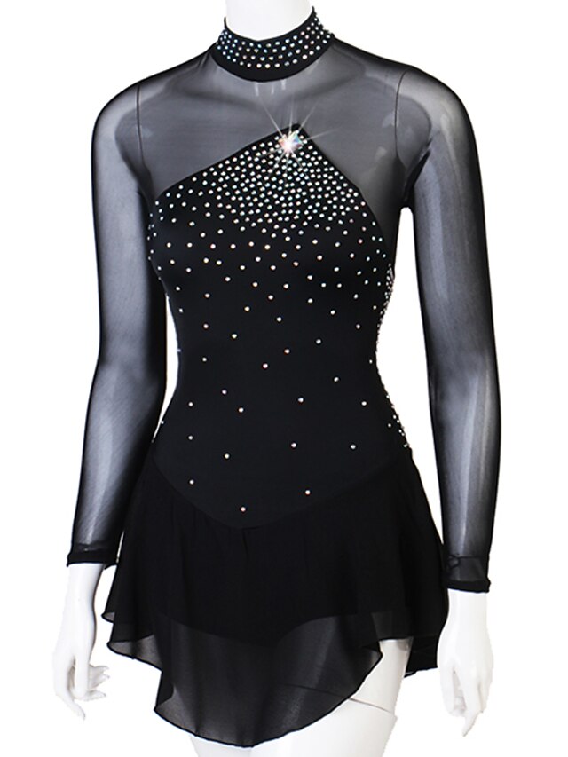RuiDW Women's Black Figure Skating Dress – Long Sleeve, Mesh, Skater Style (Sizes 6 To XL)