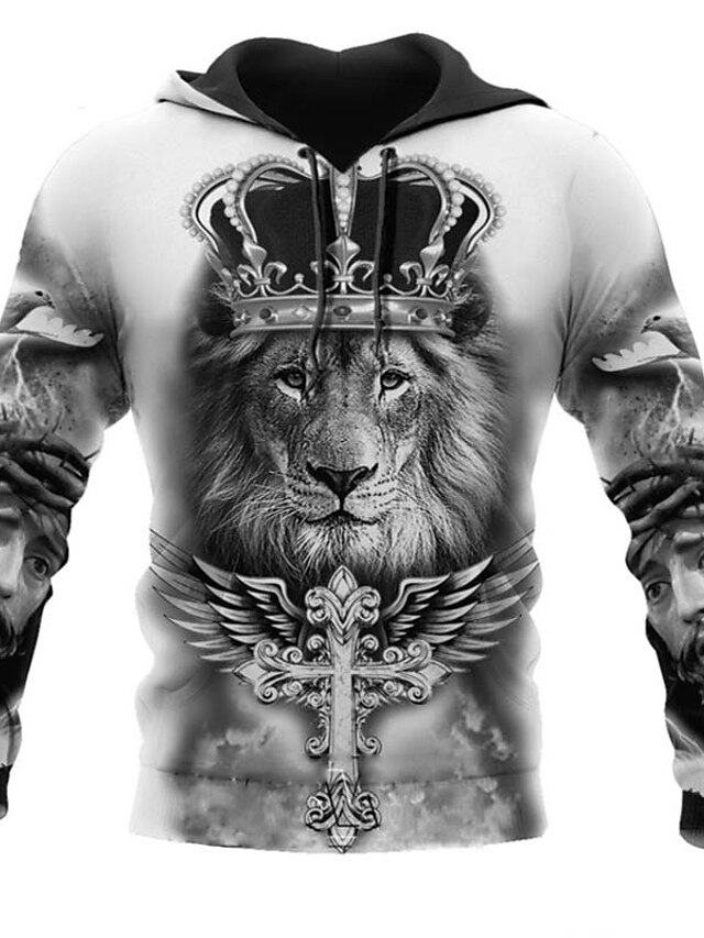 Mens Clothing Mens Hoodies & Sweatshirts | Mens Pullover Hoodie Sweatshirt Jacket Graphic Prints Lion Print Hooded Casual Daily 