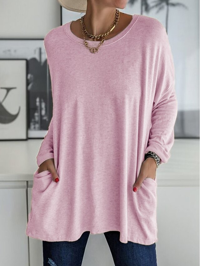 Women's T Shirt Plain Fashion Long Sleeve Round Neck Regular Tops Daily Weekend Pocket Black White Pink Khaki Gray Spring & Fall Spring, Fall, Winter, Summer 6