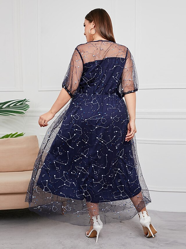 Womens Clothing Plus Size Collection | Womens Plus Size Party Dress Stars Round Neck Sequins Lantern Sleeve Short Sleeve Summer 