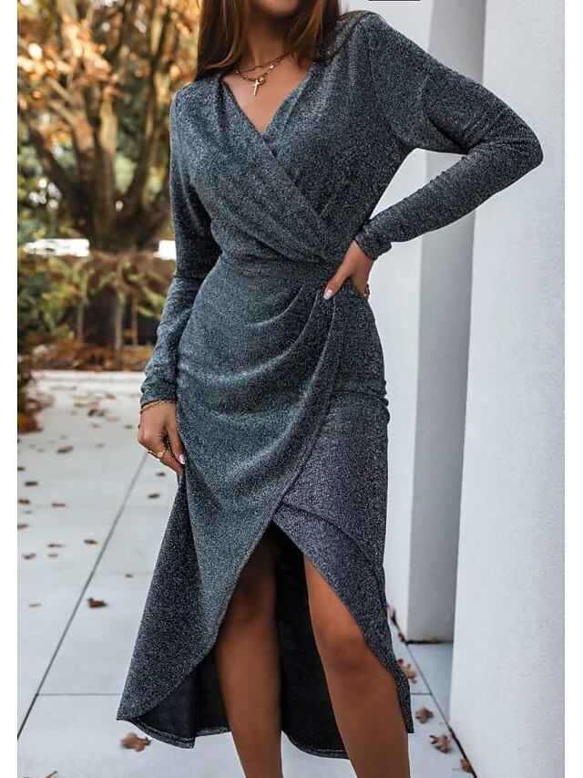 Womens Clothing Womens Dresses | Womens A Line Dress Midi Dress Black Gray Red Long Sleeve Solid Color Split Fall Winter V Neck 