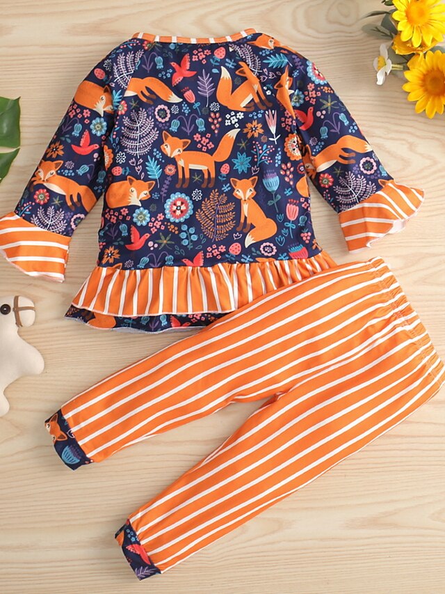 Baby & Kids Girls Clothing | Kids Girls Clothing Set 2 Pieces Long Sleeve Orange Stripe Fox Animal Ruffle Print Cotton Indoor Ou