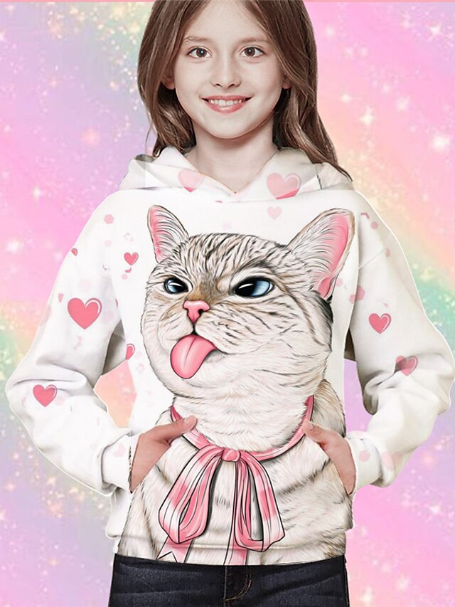 Baby & Kids Girls Clothing | Kids Girls Hoodie Long Sleeve White 3D Print Cat Animal Pocket Daily Indoor Outdoor Active Fashion 