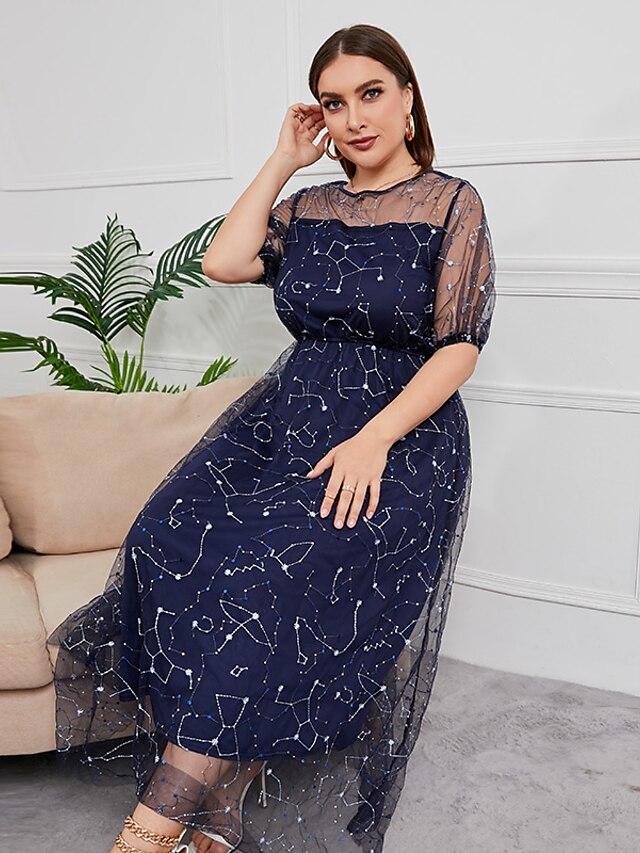 Womens Clothing Plus Size Collection | Womens Plus Size Party Dress Stars Round Neck Sequins Lantern Sleeve Short Sleeve Summer 