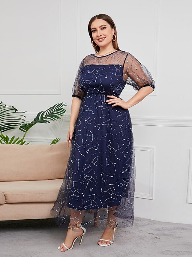 Womens Clothing Plus Size Collection | Womens Plus Size Party Dress Stars Round Neck Sequins Lantern Sleeve Short Sleeve Summer 