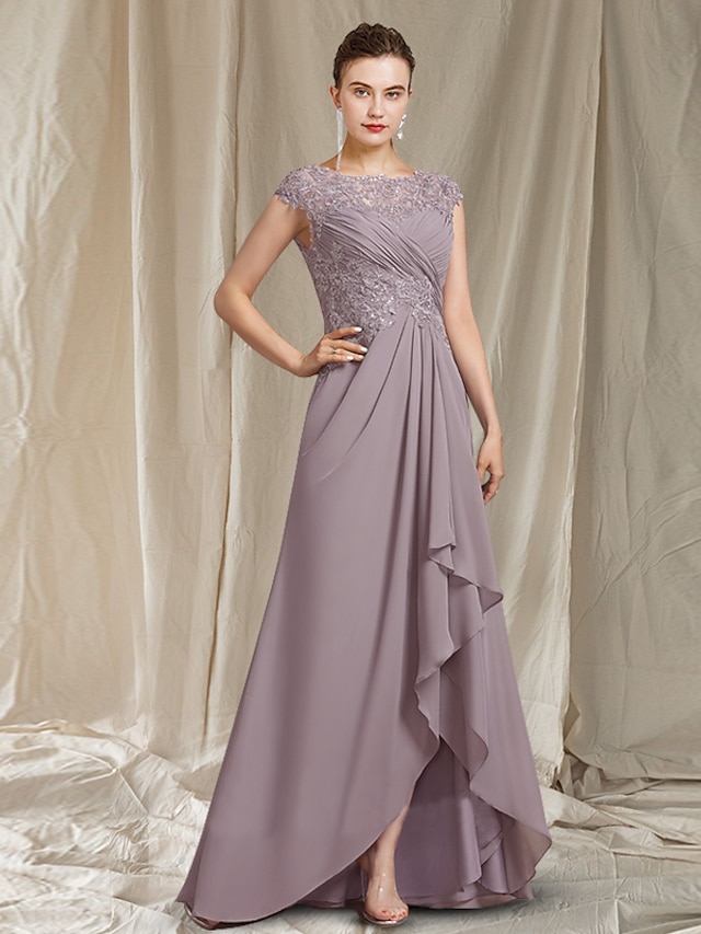  A-Line Mother of the Bride Dress Elegant High Low Jewel Neck Asymmetrical Floor Length Chiffon Lace Short Sleeve with Pleats Sequin Appliques 2024