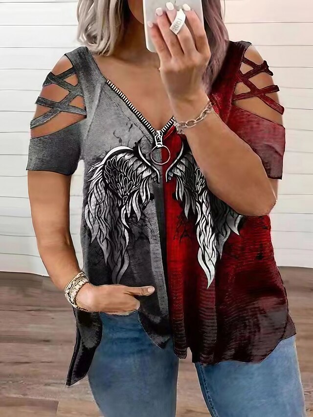 Womens Clothing Plus Size Collection | Womens Plus Size Tops T shirt Multi Color Feathers Hollow Out Zipper Sleeveless V Neck Ca