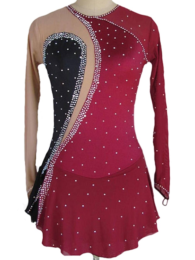 Sports & Outdoors Ice Skating | Figure Skating Dress Womens Girls Ice Skating Dress Outfits Burgundy Mesh Spandex High Elasticit