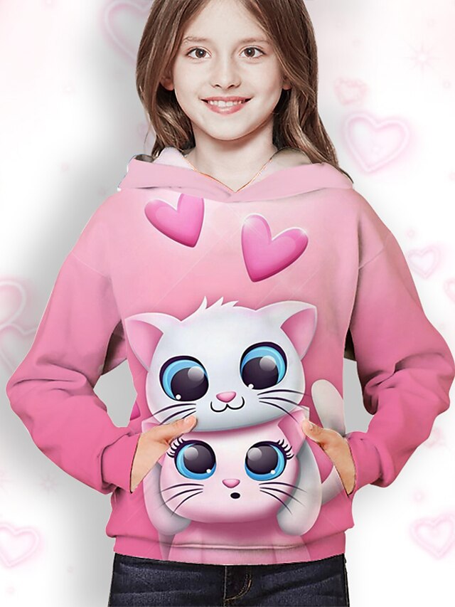 Baby & Kids Girls Clothing | Kids Girls Hoodie Long Sleeve Pink 3D Print Cat Animal Pocket Daily Indoor Outdoor Active Fashion D