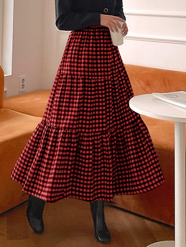 Womens Clothing Womens Bottoms | Womens Basic Swing Long Skirts Date Weekend Plaid Checkered Tartan Ruffle Black Red S M L / Max