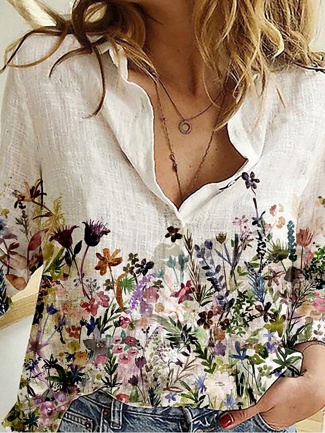 Womens Clothing Womens Tops | Womens Floral Theme Blouse Shirt Floral Graphic Button Print Shirt Collar Basic Streetwear Tops Wh