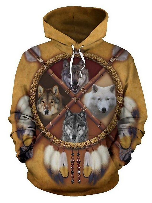 Mens Clothing Mens Hoodies & Sweatshirts | Mens Pullover Hoodie Sweatshirt Graphic Prints Wolf Front Pocket Print Casual Daily S