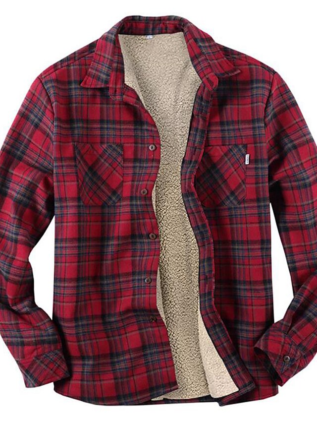  Men's Winter Jacket Shirt Jacket Winter Coat Sherpa jacket Flannel Jacket Warm Casual Jacket Outerwear Plaid / Check Red