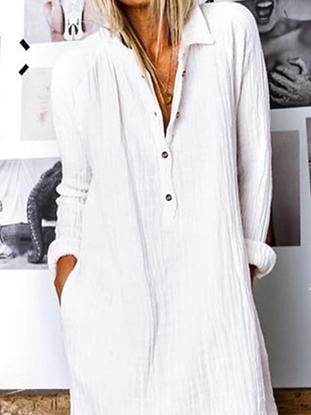 Women‘s Casual Dress Shirt Dress Shift Dress Midi Dress Yellow Navy Blue White Long Sleeve Pure