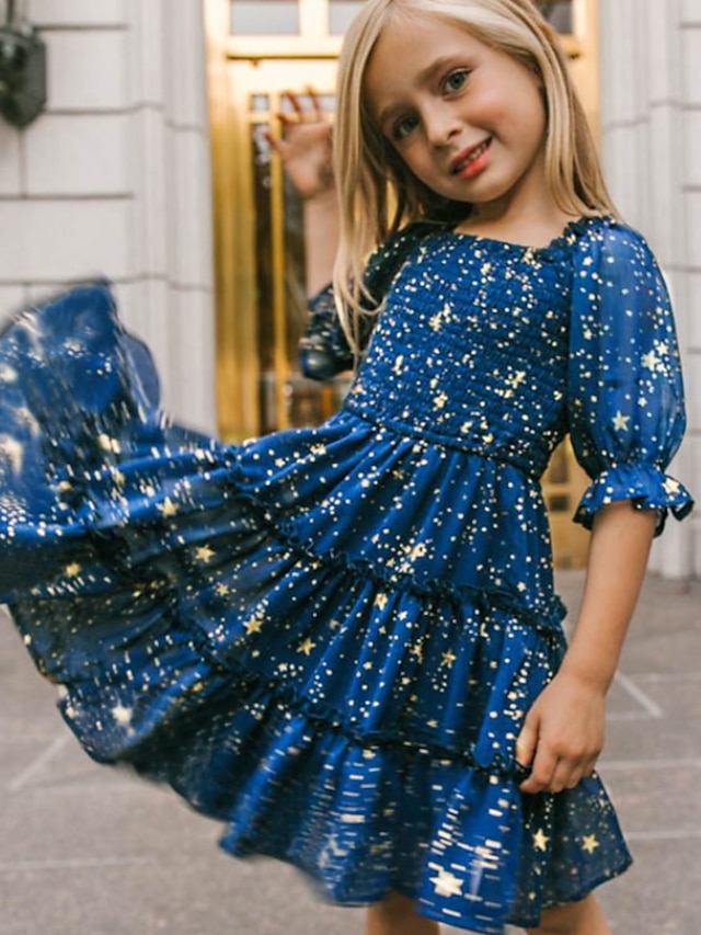  Kids Girls' Dress Graphic Short Sleeve Sports & Outdoor Daily Ruched Cute Princess Polyester Knee-length A Line Dress Summer Spring 3-10 Years Blue
