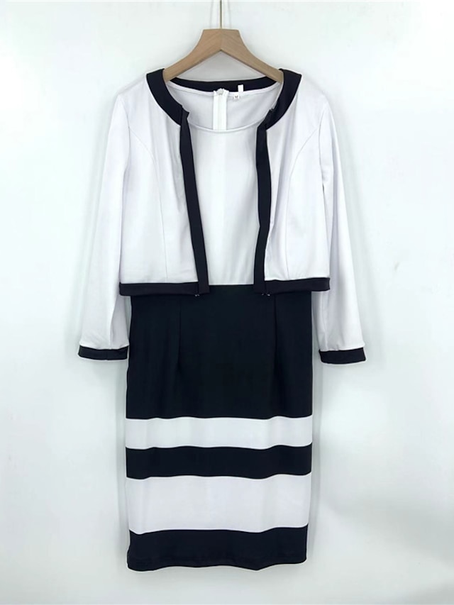 Womens Clothing Womens Dresses | Womens Sheath Dress Knee Length Dress Black Long Sleeve Striped Print Spring Summer Round Neck 