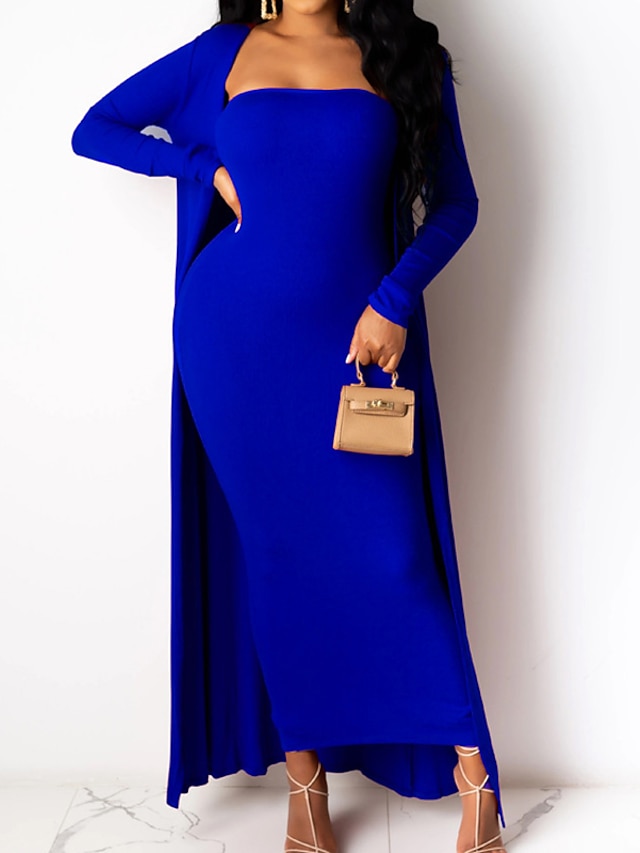 Womens Clothing Womens Dresses | Womens Sheath Dress Maxi long Dress Blue Black Red Brown Yellow Long Sleeve Pure Color Backless