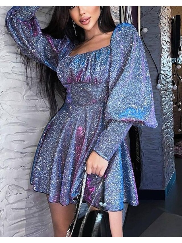 Womens Clothing Womens Dresses | Womens Shift Dress Short Mini Dress Purple Long Sleeve Solid Color Sequins Fall Winter Square N