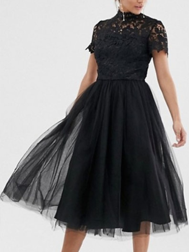  A-Line Cocktail Dresses Black Dress Party Wear Wedding Guest Tea Length Short Sleeve High Neck Wednesday Addams Family Lace with Pleats 2024