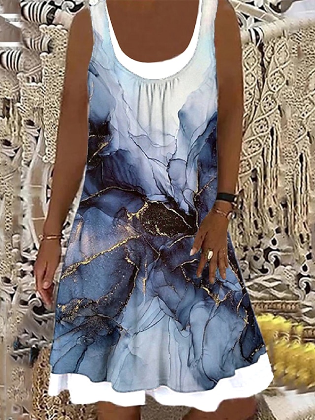  Γυναικεία Καθημερινό φόρεμα Φόρεμα ριχτό Μίντι φόρεμα Θαλασσί Πράσινο του τριφυλλιού Αμάνικο Στάμπα ψεύτικο δύο κομμάτια Άνοιξη Καλοκαίρι Στρογγυλή Ψηλή Λαιμόκοψη Καθημερινό Σαββατοκύριακο