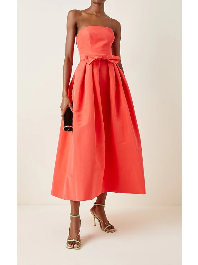 A-Line Cocktail Dresses Minimalist Dress Wedding Guest Homecoming Tea Length Sleeveless Strapless Satin with Sash / Ribbon Pure Color Derby Dresses 5