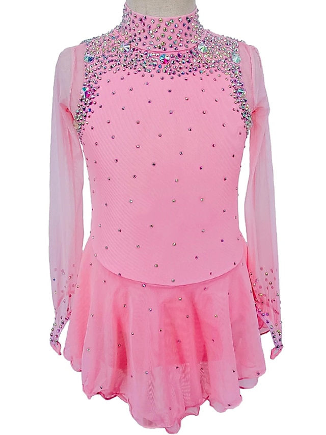 Girls' Ice Skating Dress Spandex Mesh High Elasticity Training Handmade pink 