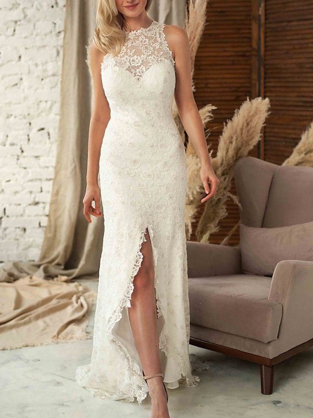  Boho Wedding Dresses Mermaid / Trumpet Jewel Neck Sleeveless Sweep / Brush Train Lace Bridal Gowns With Split Front Solid Color 2023