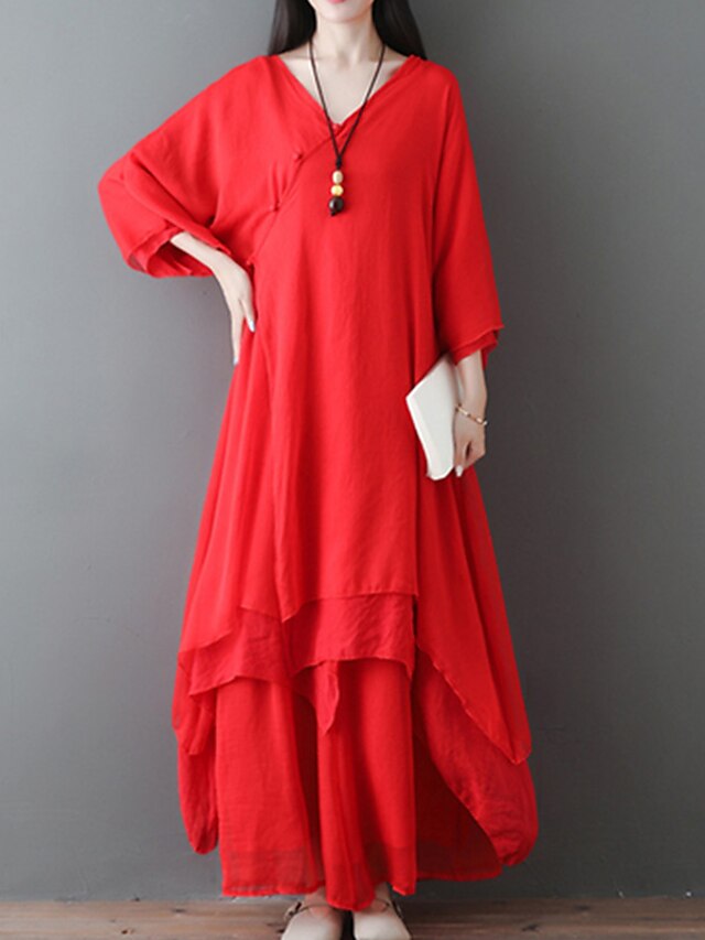 Muslim Womens Clothing,Fake Two-Piece Pure Color Layered Ruffle Hem Dress Muslim Womens Clothing,Fake Two-Piece Pure Color Layered Ruffle Hem Dress