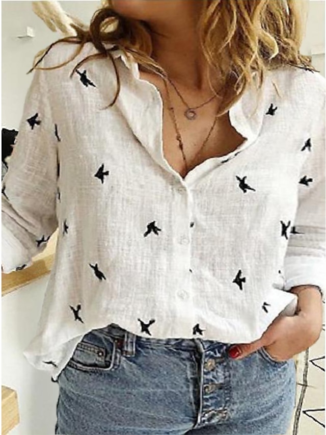 Womens Clothing Plus Size Collection | Womens Plus Size Tops Shirt Stars Long Sleeve Shirt Collar Causal Daily Linen Blue White 