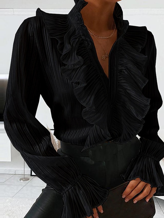  Pentru femei Cămașă Bluză Negru Alb Simplu Manșon Lung Elegant Casual Guler în picioare Regulat S