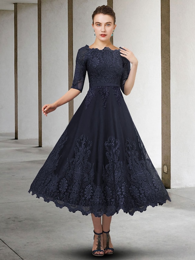 A-Line Mother of the Bride Dress Elegant Jewel Neck Ankle Length Lace ...