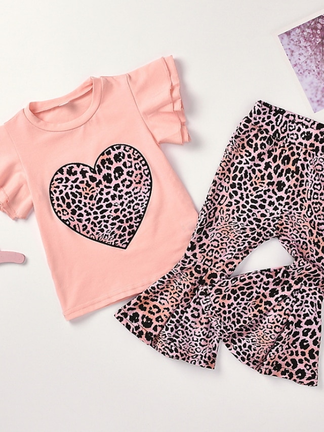 Baby & Kids Girls Clothing | Kids Girls Clothing Set 2 Pieces Short Sleeve Pink Heart Leopard Ruched Print Cotton Indoor Outdoor