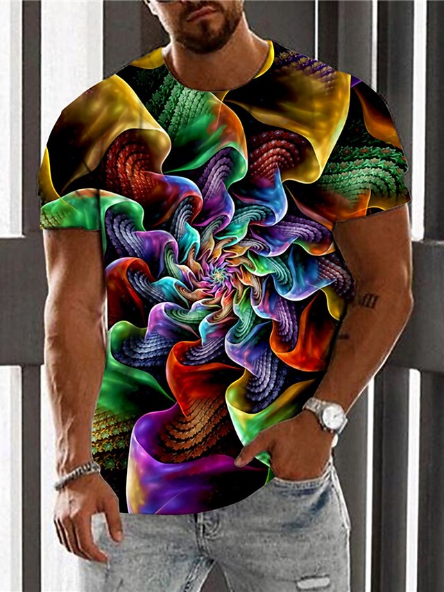 Men's Unisex T shirt Tee Graphic Prints Spiral Stripe Crew Neck Rainbow ...