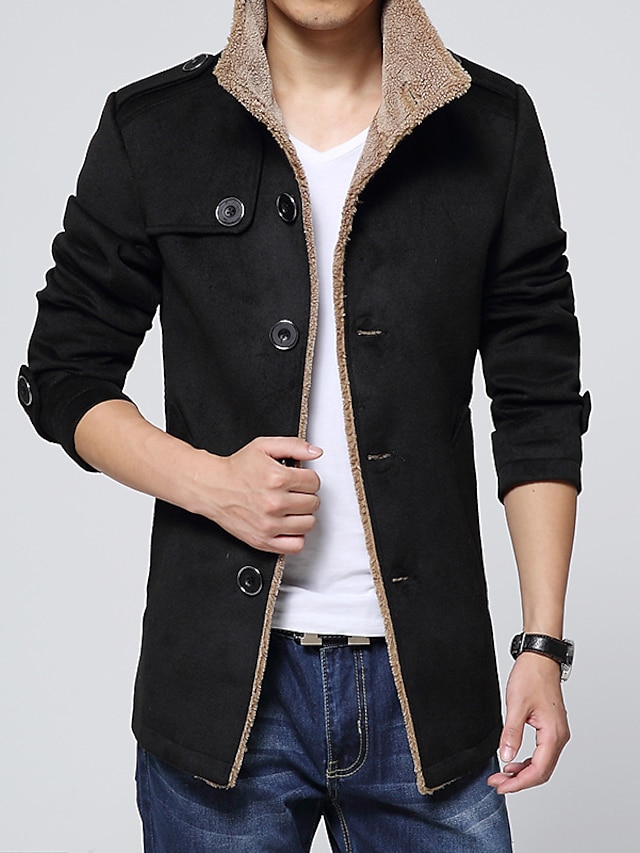  Men's Jacket Daily Winter Regular Coat Shirt Collar Slim Basic Jacket Long Sleeve Solid Colored Black Navy Blue Khaki / Faux Fur