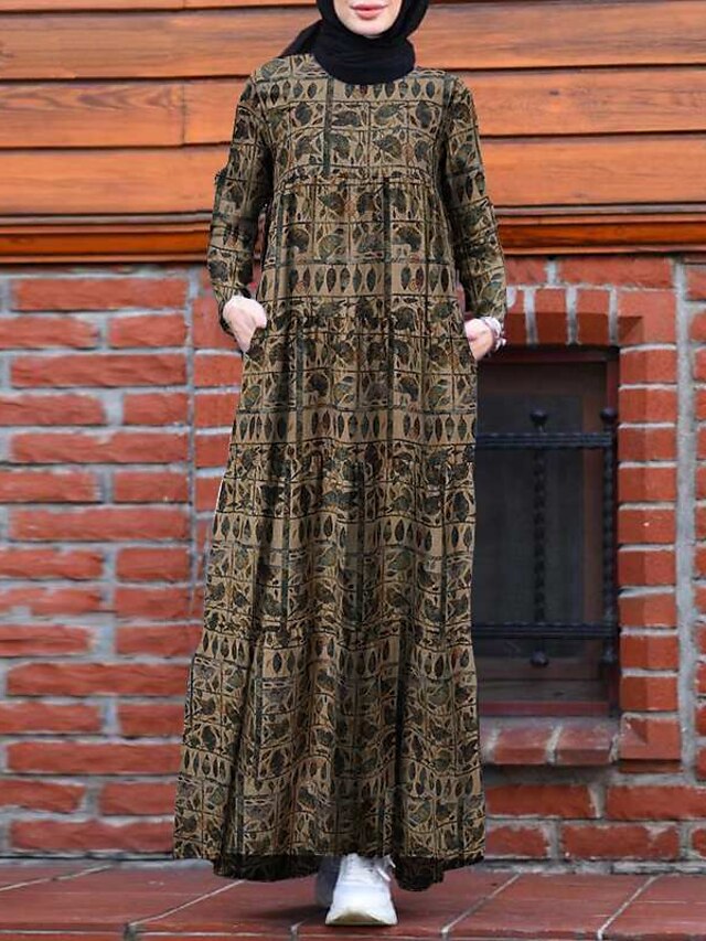 Womens Clothing Womens Dresses | Womens A Line Dress Maxi long Dress Army Green Light Brown Red Yellow Long Sleeve Floral Print 