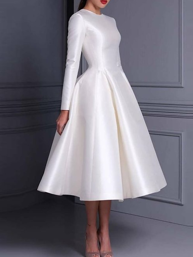  Ball Gown Cocktail Dresses Cute Dress Wedding Tea Length Long Sleeve Jewel Neck Fall Wedding Guest Satin with Pleats Pure Color 2024