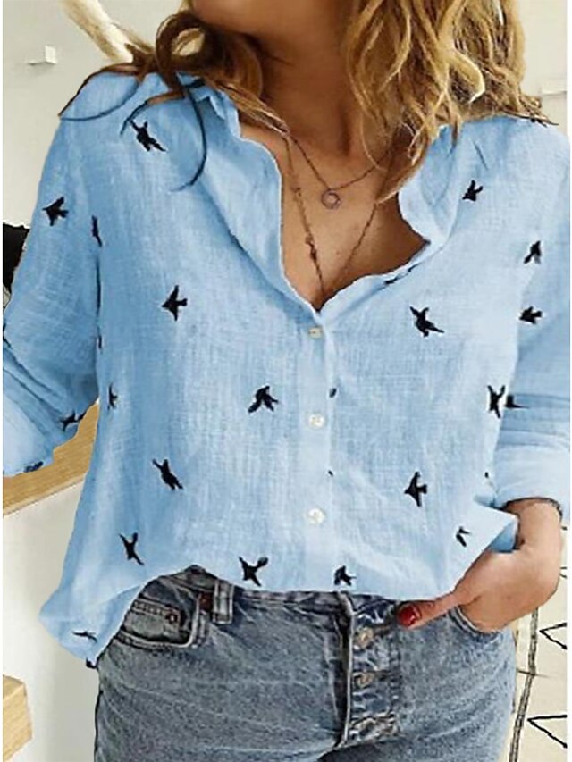 Womens Clothing Plus Size Collection | Womens Plus Size Tops Shirt Stars Long Sleeve Shirt Collar Causal Daily Linen Blue White 