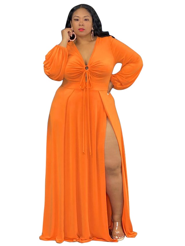 Women‘s Plus Size Curve Easter Dress V Neck Vacation Dress Solid Color