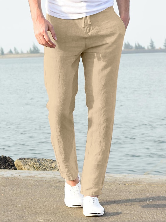 men's trousers men drawstring straight leg elastic waist breathable lightweight casual work