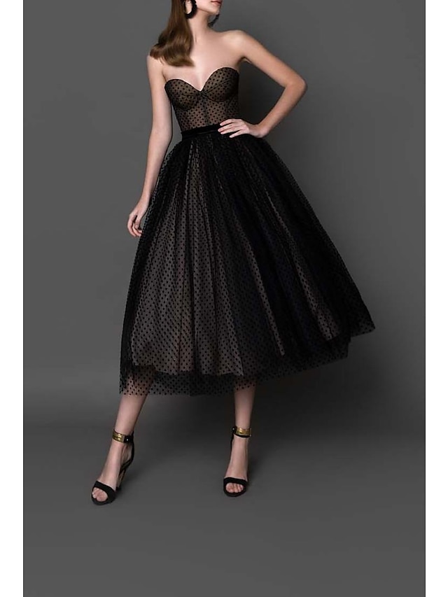  Ball Gown Cocktail Black Dress Vintage Dress Homecoming Cocktail Party Tea Length Sleeveless Strapless Wednesday Addams Family Tulle with Polka Dot 2024