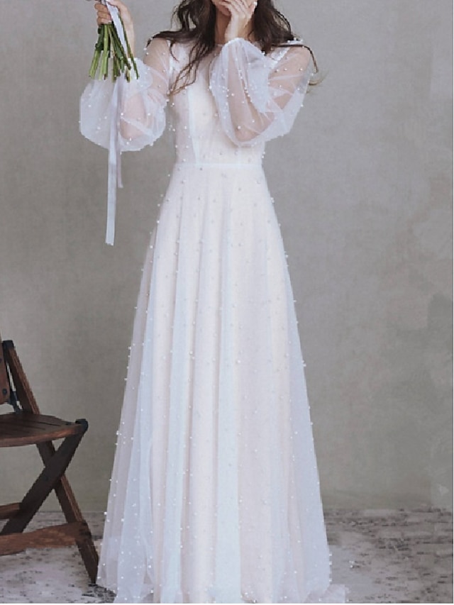  Hall Casual Wedding Dresses Floor Length A-Line Long Sleeve Jewel Neck Tulle With Pleats Pearls 2023 Bridal Gowns