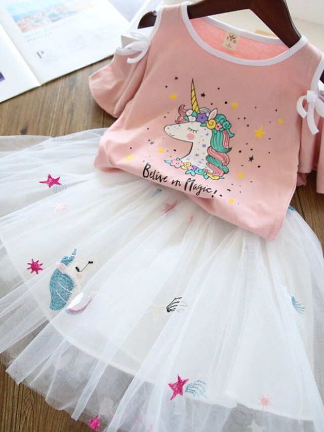 Baby & Kids Girls Clothing | Kids Girls Clothing Set 2 Pieces Short Sleeve White Pink Cartoon Unicorn Letter Ruched Mesh Print C