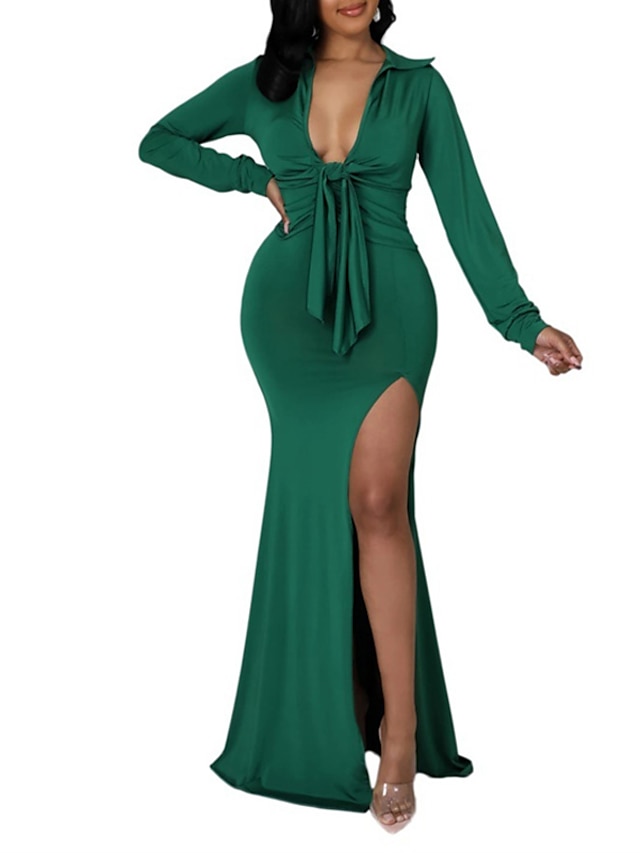 Womens Clothing Womens Dresses | Womens Sheath Dress Maxi long Dress Green Black Orange Long Sleeve Pure Color Split Ruched Lace