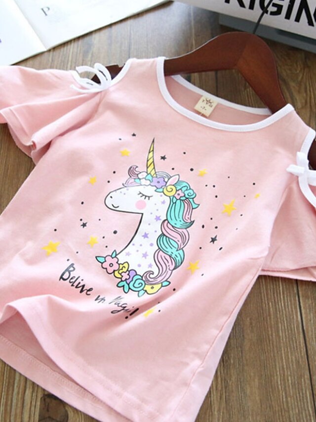 Baby & Kids Girls Clothing | Kids Girls Clothing Set 2 Pieces Short Sleeve White Pink Cartoon Unicorn Letter Ruched Mesh Print C