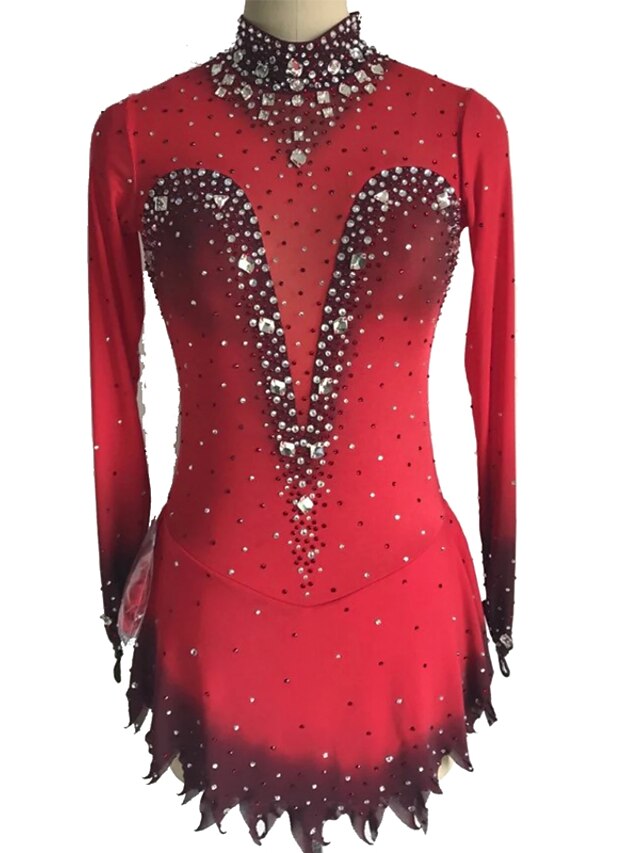 Sports & Outdoors Ice Skating | Figure Skating Dress Womens Girls Ice Skating Dress Outfits Red Open Back Mesh Spandex High Elas