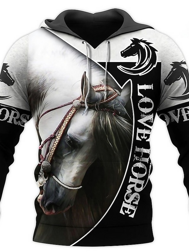 Men's Pullover Hoodie Sweatshirt Graphic Prints Horse Print Casual Daily Sports 3D Print Sportswear Casual Hoodies Sweatshirts  Black And White