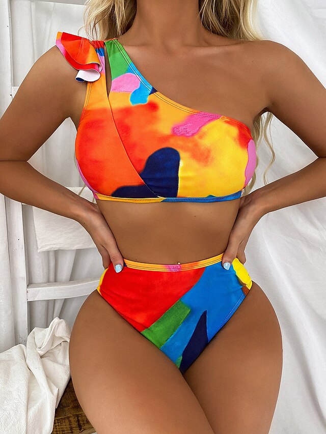 Womens Clothing Womens Swimwear | Womens Swimwear Bikini 2 Piece Normal Swimsuit Open Back Print Tie Dye Rainbow Tank Top Bathin