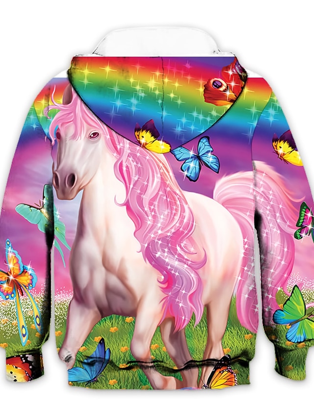 Baby & Kids Girls Clothing | Kids Girls Hoodie Long Sleeve Pink 3D Print Rainbow Unicorn Animal Pocket Daily Indoor Outdoor Acti